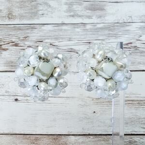 Vintage Clip On Earrings Large Faux Pearl, Clear & Frosted Cluster